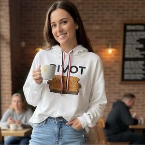 FRIENDS Large White Cropped Hoodie with Couch Graphic and 'PIVOT' Text GUC